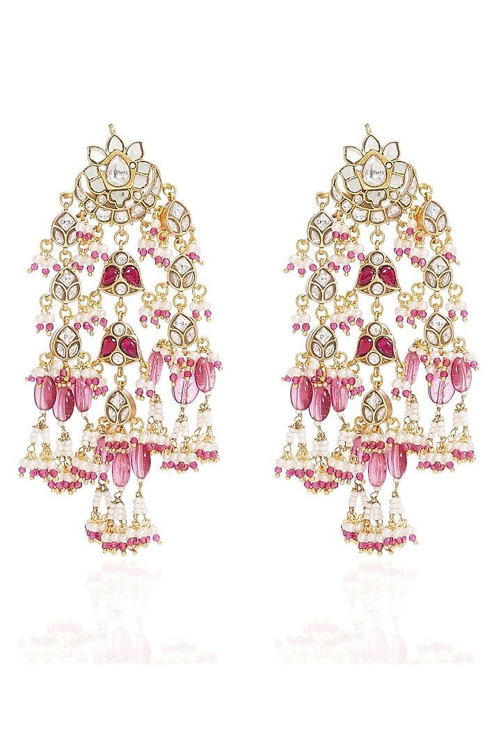 Gold Finish Pink Tourmaline Drop & Kundan Polki Dangler Earrings by Preeti Mohan at Pernia's Pop Up Shop