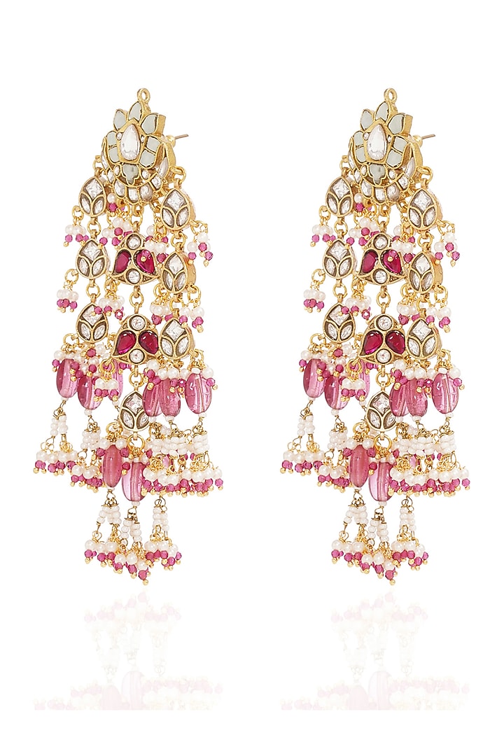 Gold Finish Pink Tourmaline Drop & Kundan Polki Dangler Earrings by Preeti Mohan at Pernia's Pop Up Shop