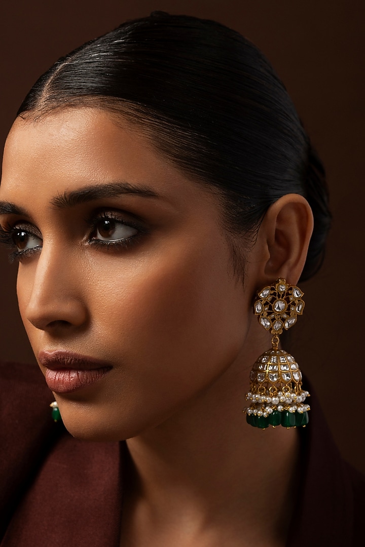Gold Finish Kundan Polki & Green Onyx Jhumka Earrings by Preeti Mohan at Pernia's Pop Up Shop