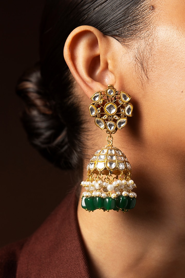 Gold Finish Kundan Polki & Green Onyx Jhumka Earrings by Preeti Mohan at Pernia's Pop Up Shop