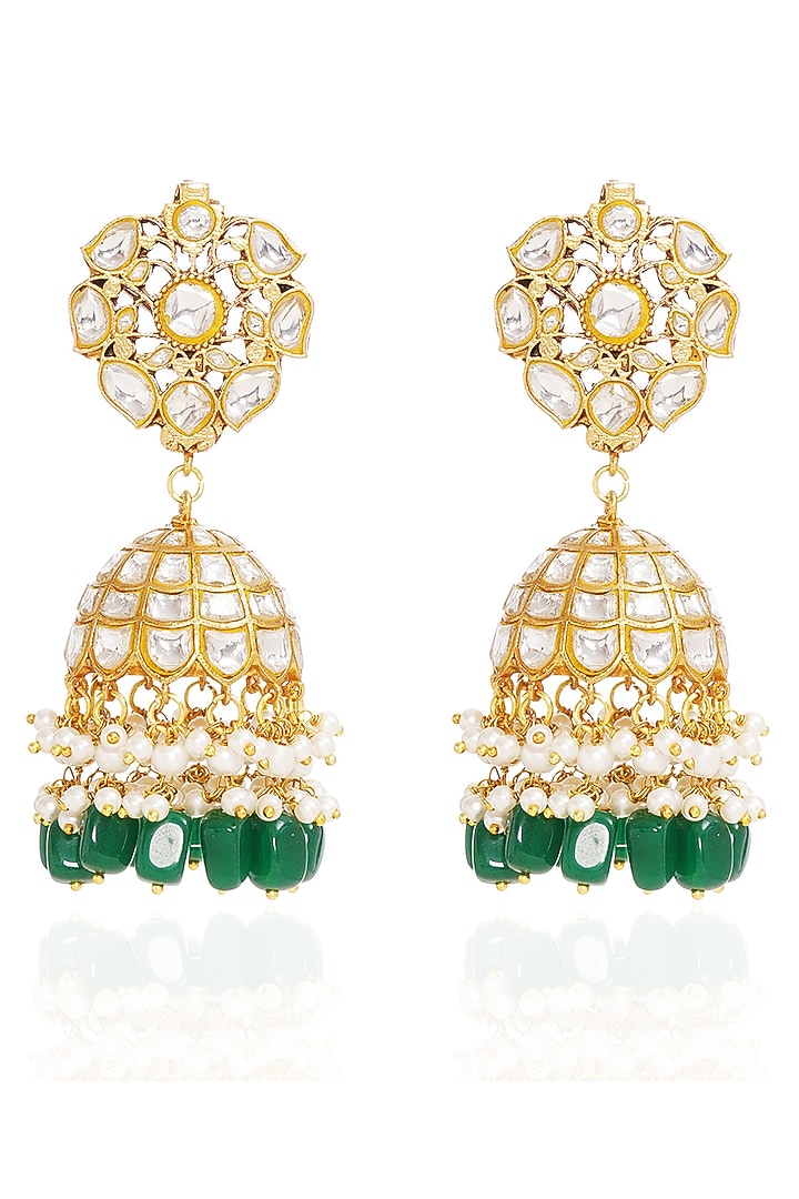 Gold Finish Kundan Polki & Green Onyx Jhumka Earrings by Preeti Mohan at Pernia's Pop Up Shop