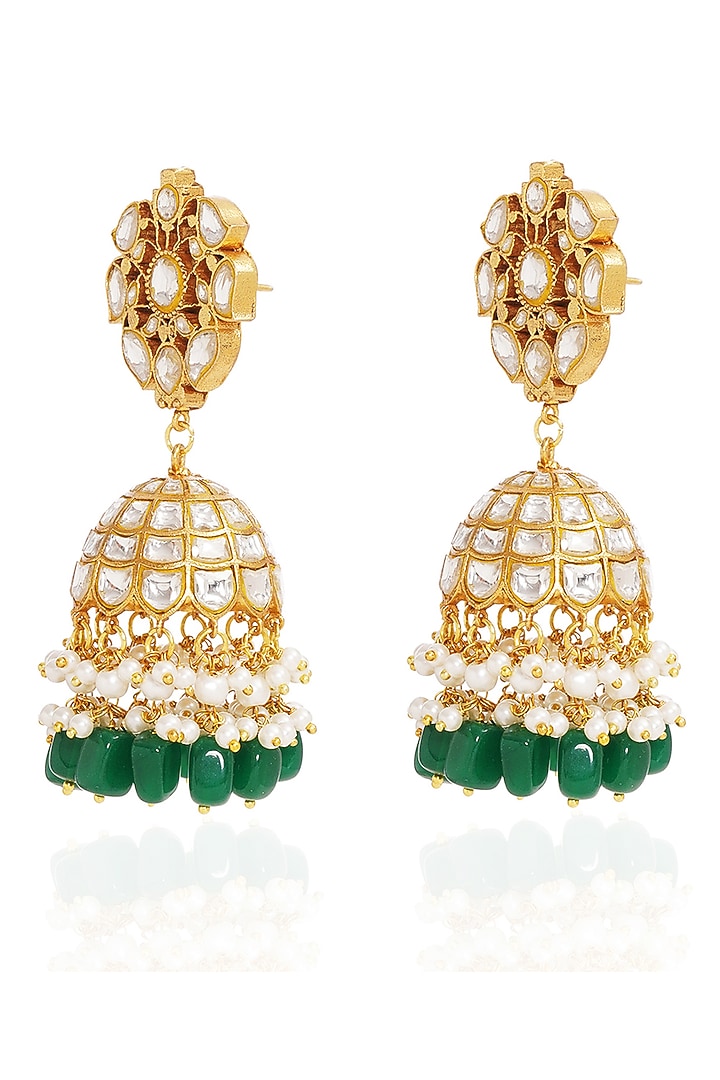 Gold Finish Kundan Polki & Green Onyx Jhumka Earrings by Preeti Mohan at Pernia's Pop Up Shop