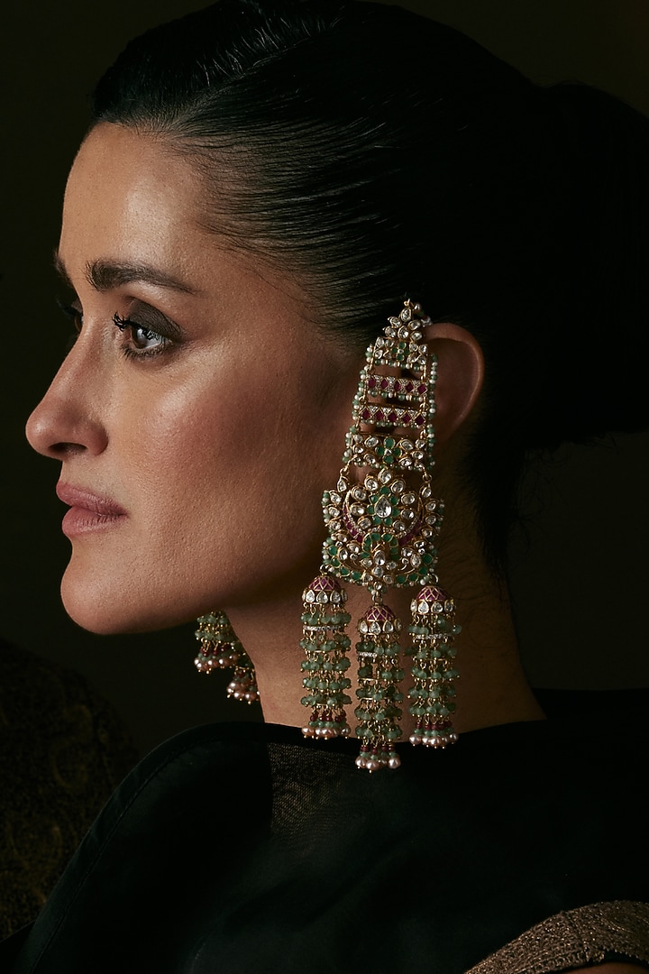 Gold Finish Moissanite & Fluorite Drop Dangler Earrings In Sterling Silver by Preeti Mohan at Pernia's Pop Up Shop