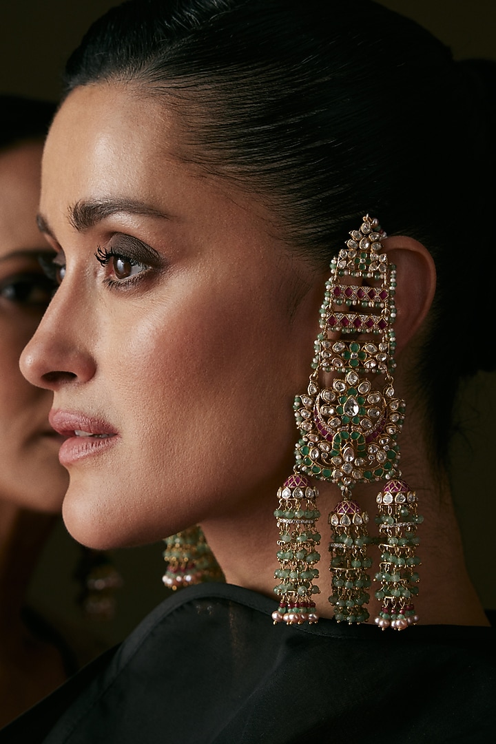 Gold Finish Moissanite & Fluorite Drop Dangler Earrings In Sterling Silver by Preeti Mohan at Pernia's Pop Up Shop