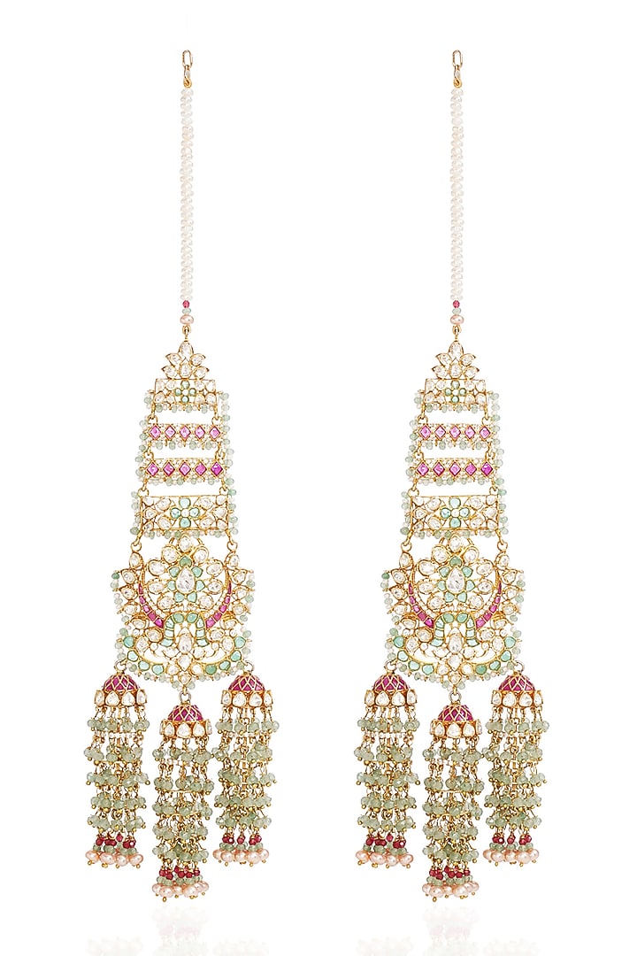 Gold Finish Moissanite & Fluorite Drop Dangler Earrings In Sterling Silver by Preeti Mohan at Pernia's Pop Up Shop