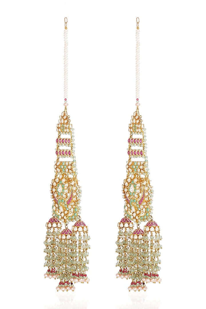 Gold Finish Moissanite & Fluorite Drop Dangler Earrings In Sterling Silver by Preeti Mohan at Pernia's Pop Up Shop