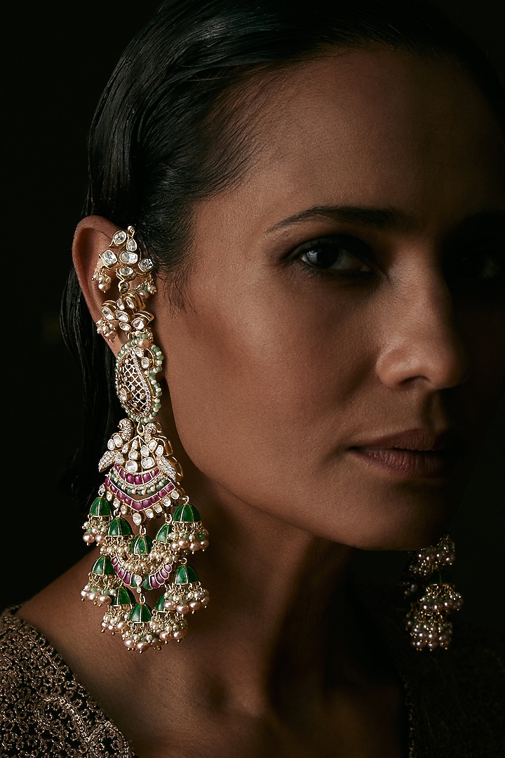 Gold Finish Moissanite & Green Onyx Dangler Earrings In Sterling Silver by Preeti Mohan at Pernia's Pop Up Shop
