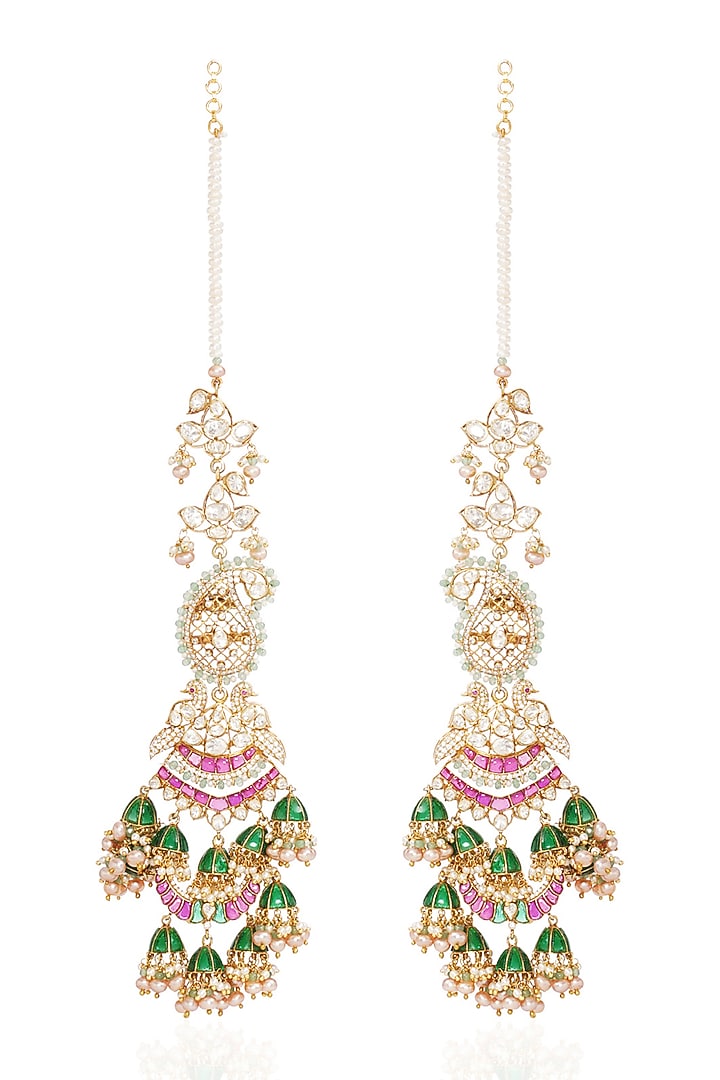 Gold Finish Moissanite & Green Onyx Dangler Earrings In Sterling Silver by Preeti Mohan at Pernia's Pop Up Shop