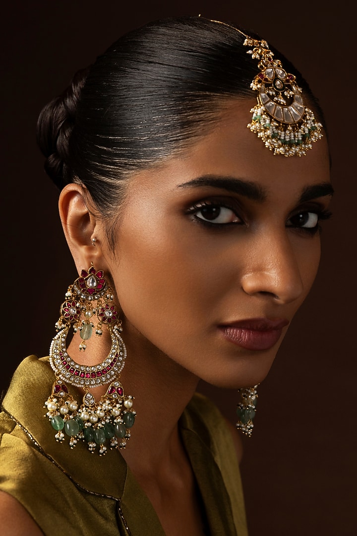 Gold Finish Kundan Polki & Green Onyx Chandbali Earrings by Preeti Mohan at Pernia's Pop Up Shop