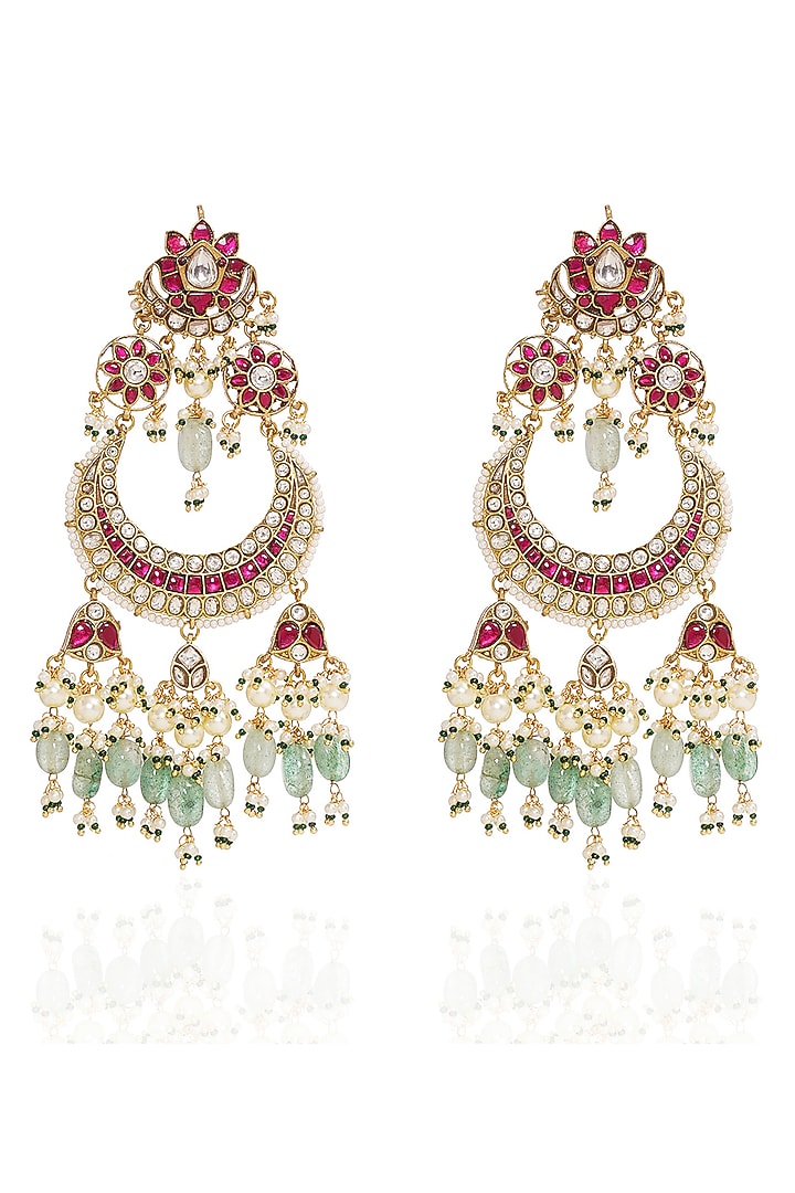 Gold Finish Kundan Polki & Green Onyx Chandbali Earrings by Preeti Mohan at Pernia's Pop Up Shop