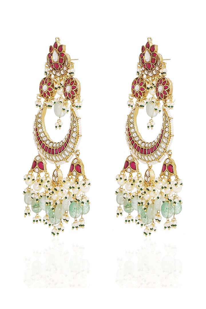 Gold Finish Kundan Polki & Green Onyx Chandbali Earrings by Preeti Mohan at Pernia's Pop Up Shop