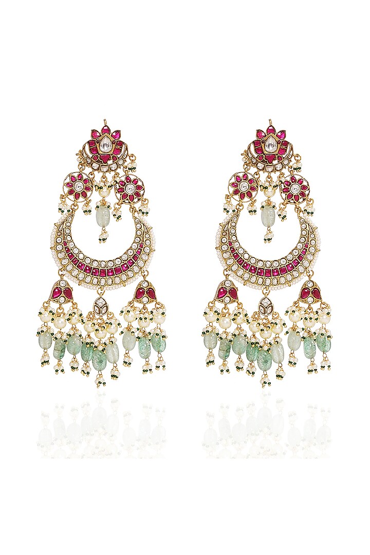 Gold Finish Kundan Polki & Green Onyx Chandbali Earrings by Preeti Mohan at Pernia's Pop Up Shop