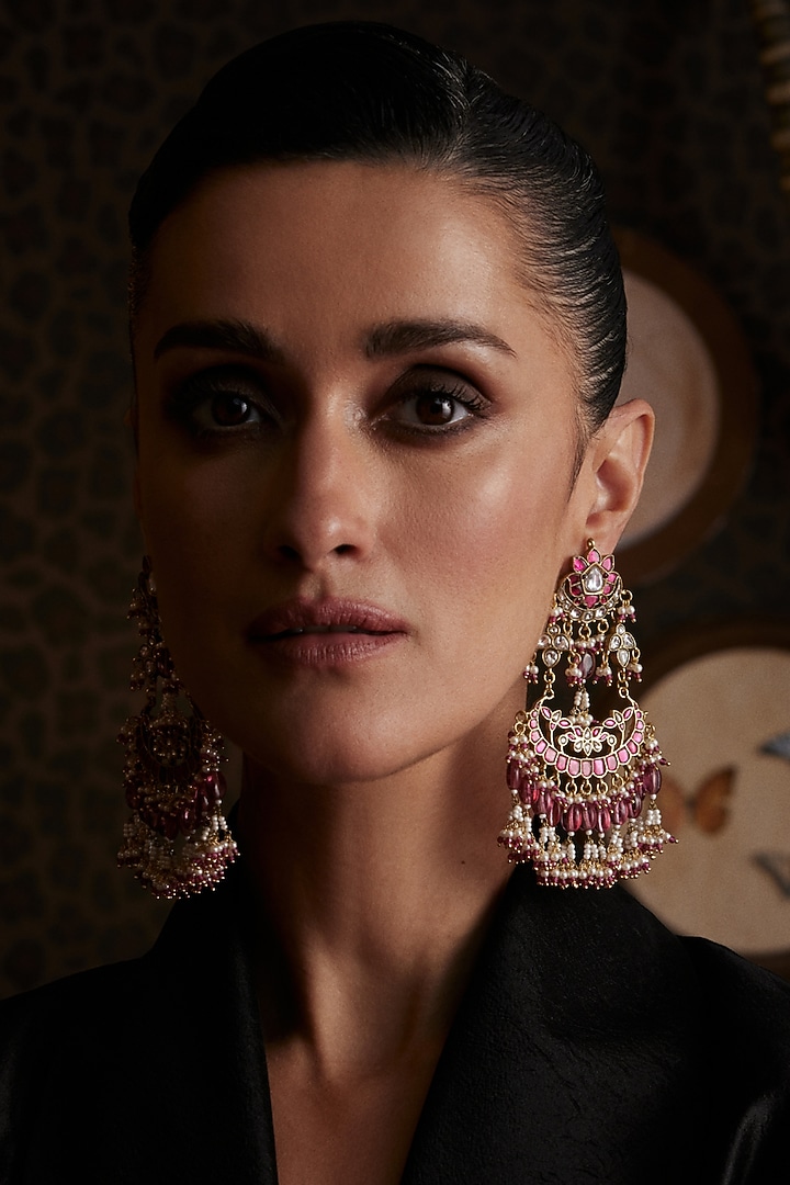 Gold Finish Kundan Polki & Pearl Chandbali Earrings by Preeti Mohan at Pernia's Pop Up Shop
