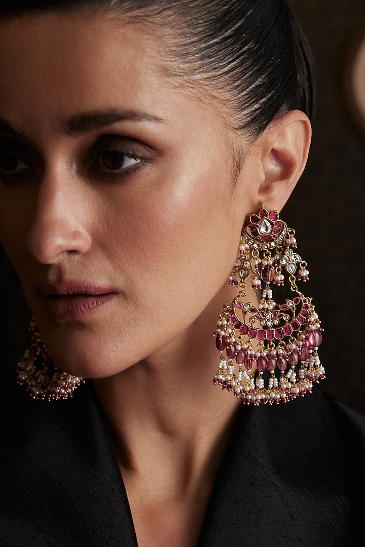 Gold Finish Kundan Polki & Pearl Chandbali Earrings by Preeti Mohan at Pernia's Pop Up Shop