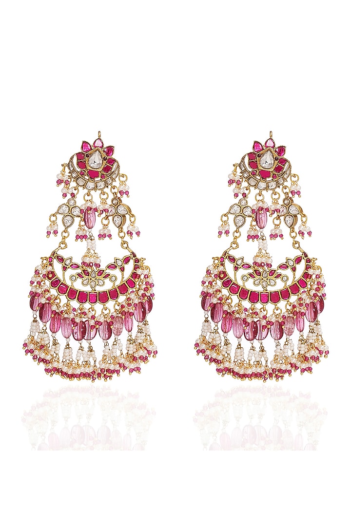 Gold Finish Kundan Polki & Pearl Chandbali Earrings by Preeti Mohan at Pernia's Pop Up Shop