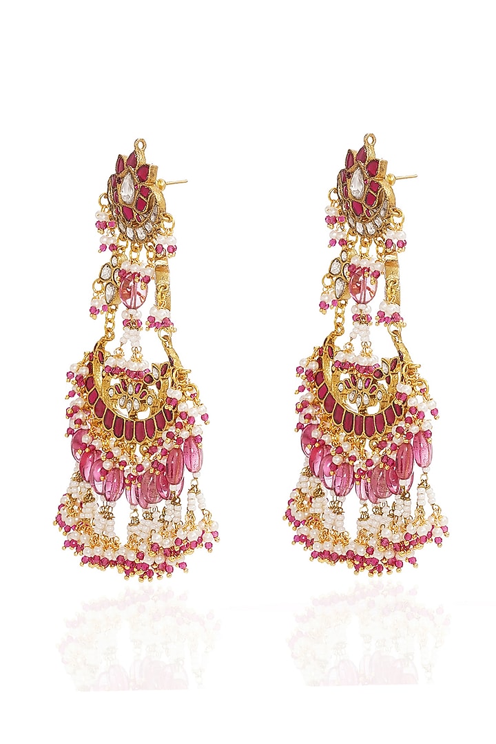 Gold Finish Kundan Polki & Pearl Chandbali Earrings by Preeti Mohan at Pernia's Pop Up Shop