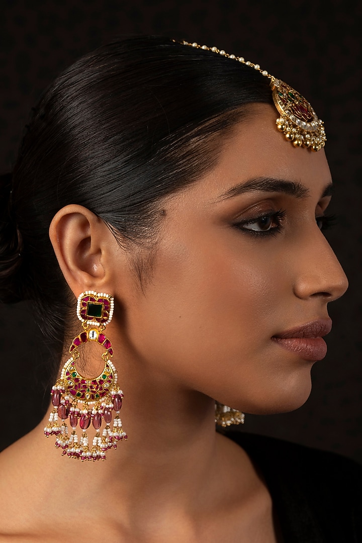 Gold Finish Kundan Polki & Pearl Chandbali Earrings by Preeti Mohan at Pernia's Pop Up Shop