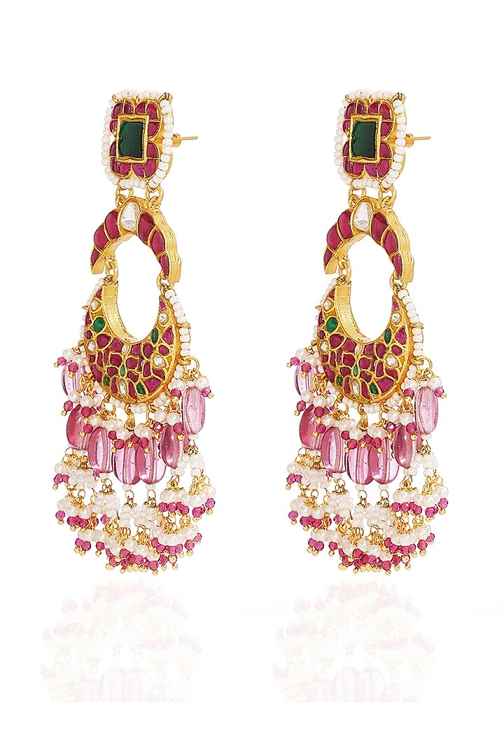 Gold Finish Kundan Polki & Pearl Chandbali Earrings by Preeti Mohan at Pernia's Pop Up Shop