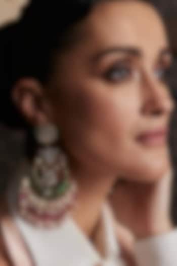 Gold Finish Kundan Polki & Pearl Chandbali Earrings by Preeti Mohan at Pernia's Pop Up Shop