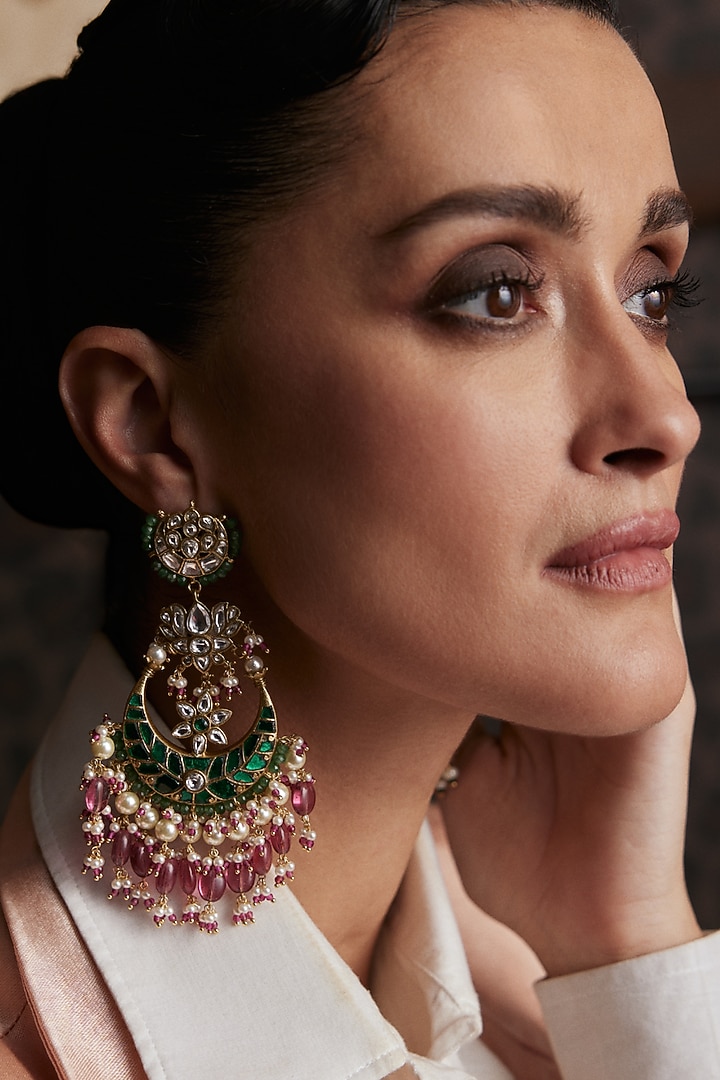 Gold Finish Kundan Polki & Pearl Chandbali Earrings by Preeti Mohan at Pernia's Pop Up Shop