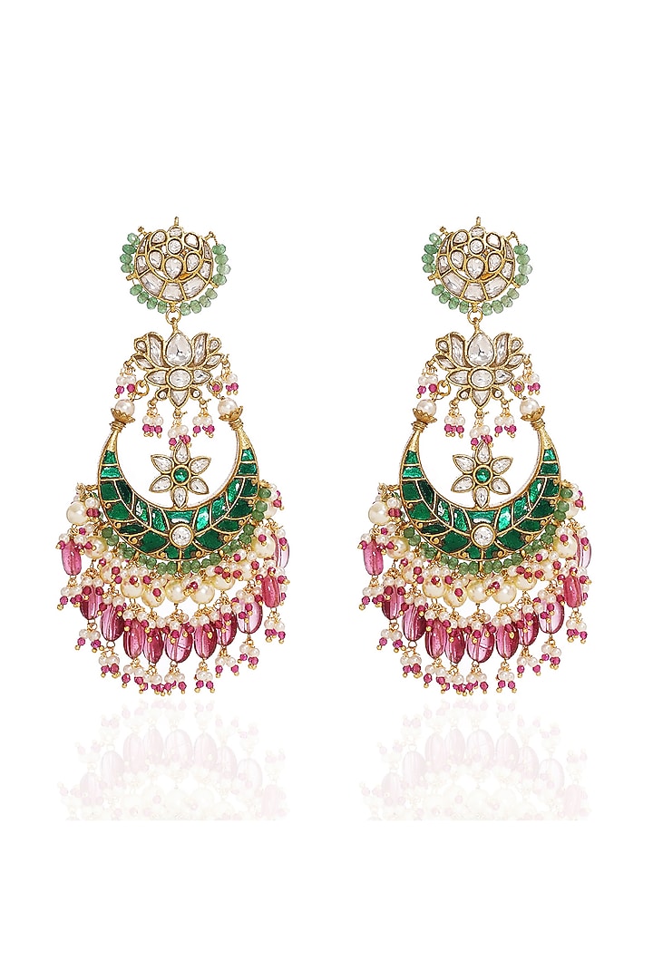 Gold Finish Kundan Polki & Pearl Chandbali Earrings by Preeti Mohan at Pernia's Pop Up Shop