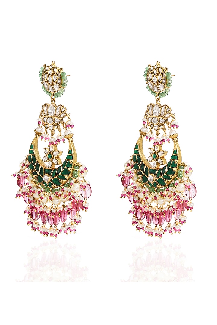 Gold Finish Kundan Polki & Pearl Chandbali Earrings by Preeti Mohan at Pernia's Pop Up Shop