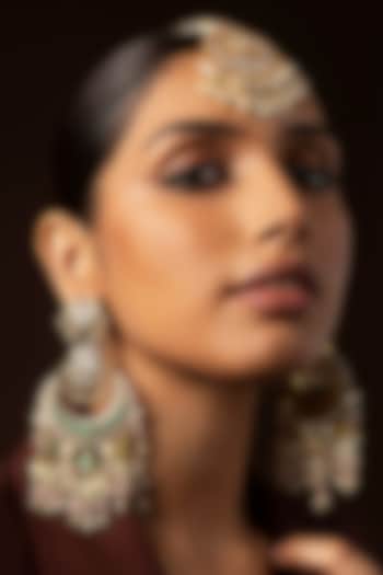 Gold Finish Kundan Polki & Pearl Chandbali Earrings by Preeti Mohan at Pernia's Pop Up Shop