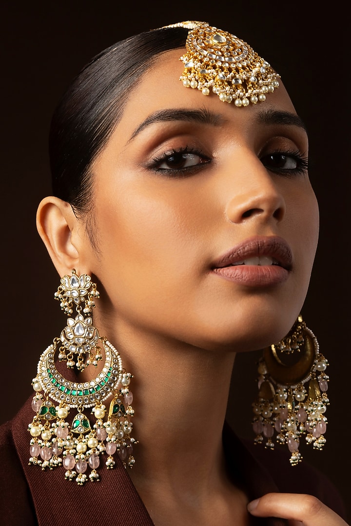 Gold Finish Kundan Polki & Pearl Chandbali Earrings by Preeti Mohan at Pernia's Pop Up Shop