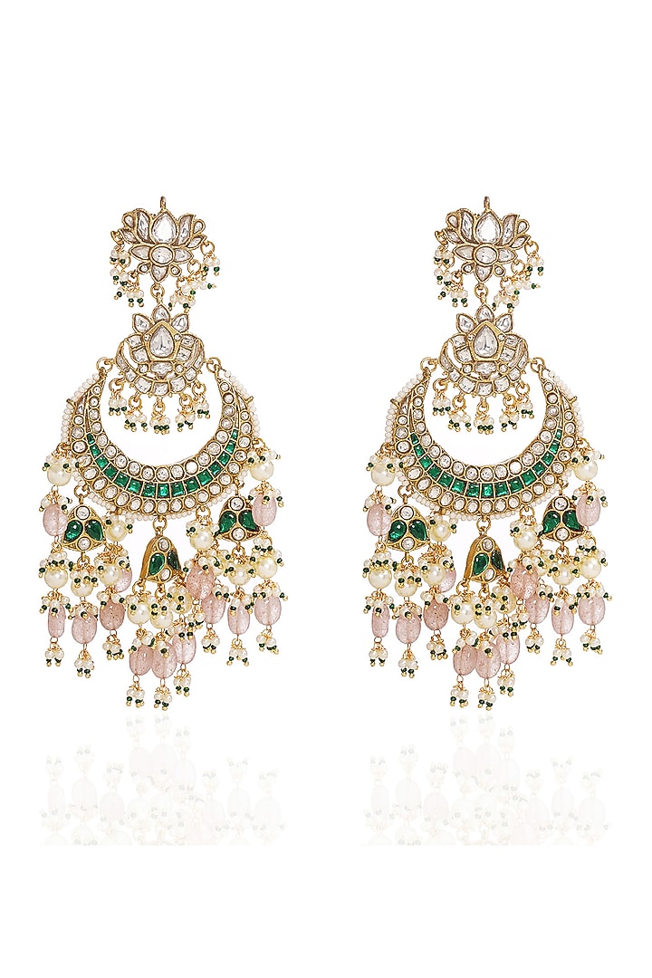 Gold Finish Kundan Polki & Pearl Chandbali Earrings by Preeti Mohan at Pernia's Pop Up Shop