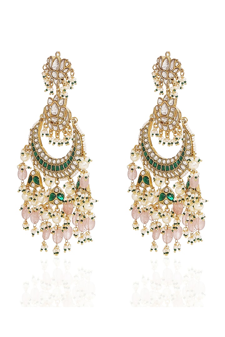 Gold Finish Kundan Polki & Pearl Chandbali Earrings by Preeti Mohan at Pernia's Pop Up Shop