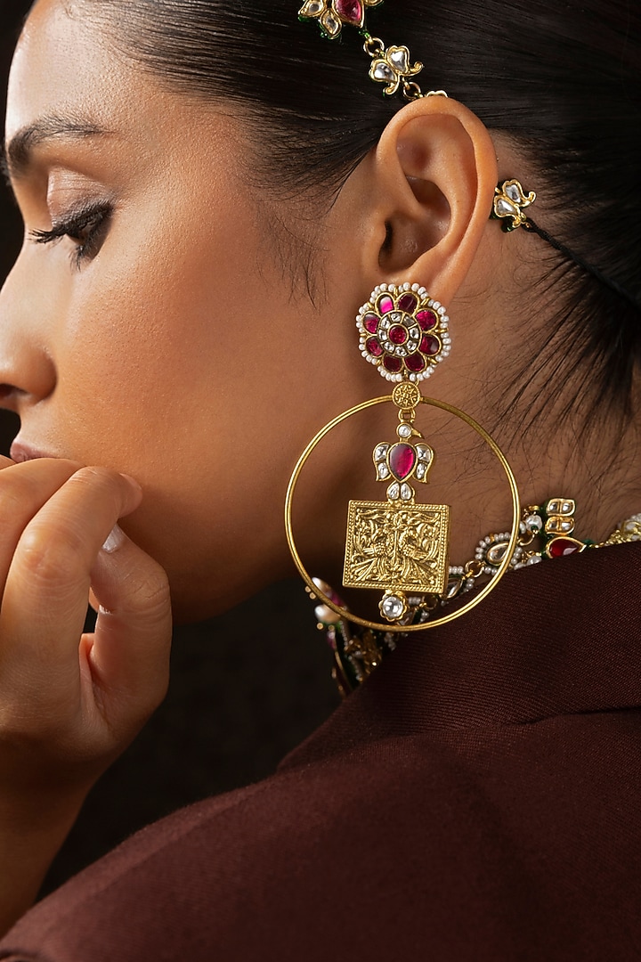 Gold Finish Kundan Polki Statement Earrings by Preeti Mohan at Pernia's Pop Up Shop