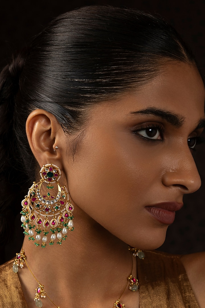 Gold Finish Kundan Polki & Ruby Chandbali Earrings by Preeti Mohan at Pernia's Pop Up Shop