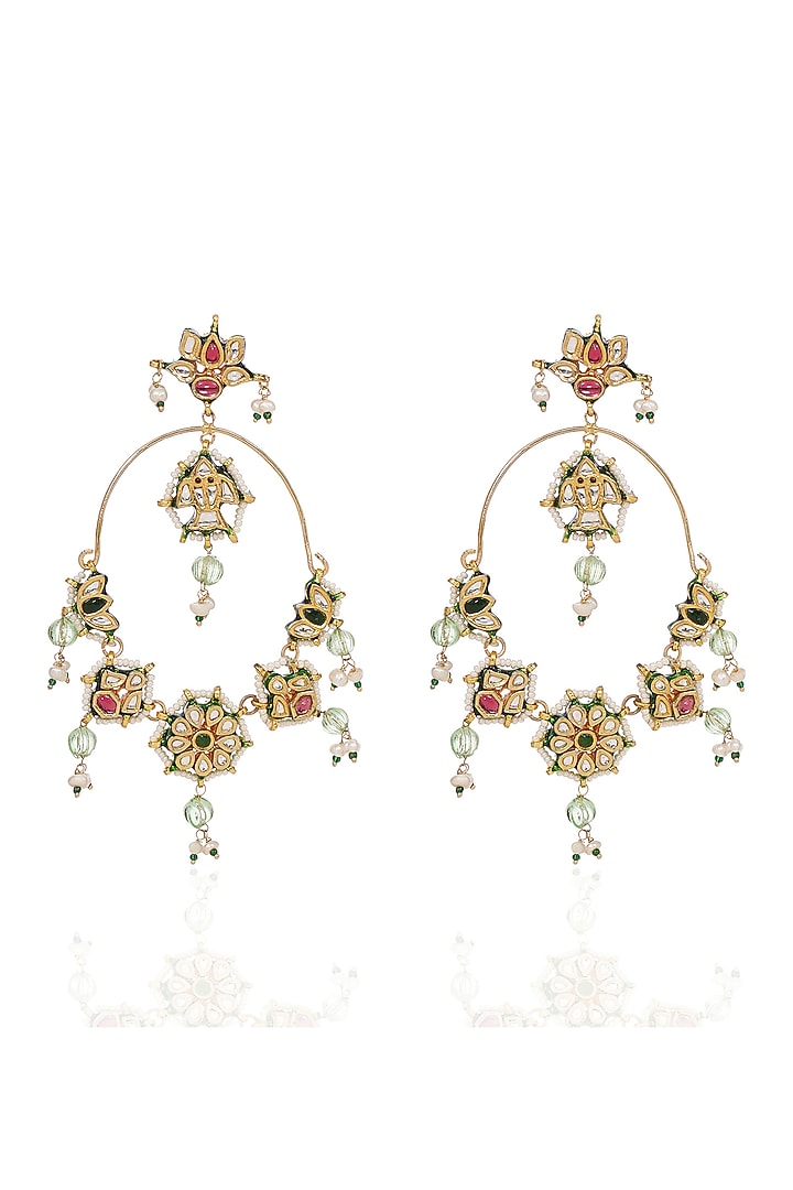 Gold Finish Kundan Polki & Green Onyx Chandbali Earrings by Preeti Mohan at Pernia's Pop Up Shop