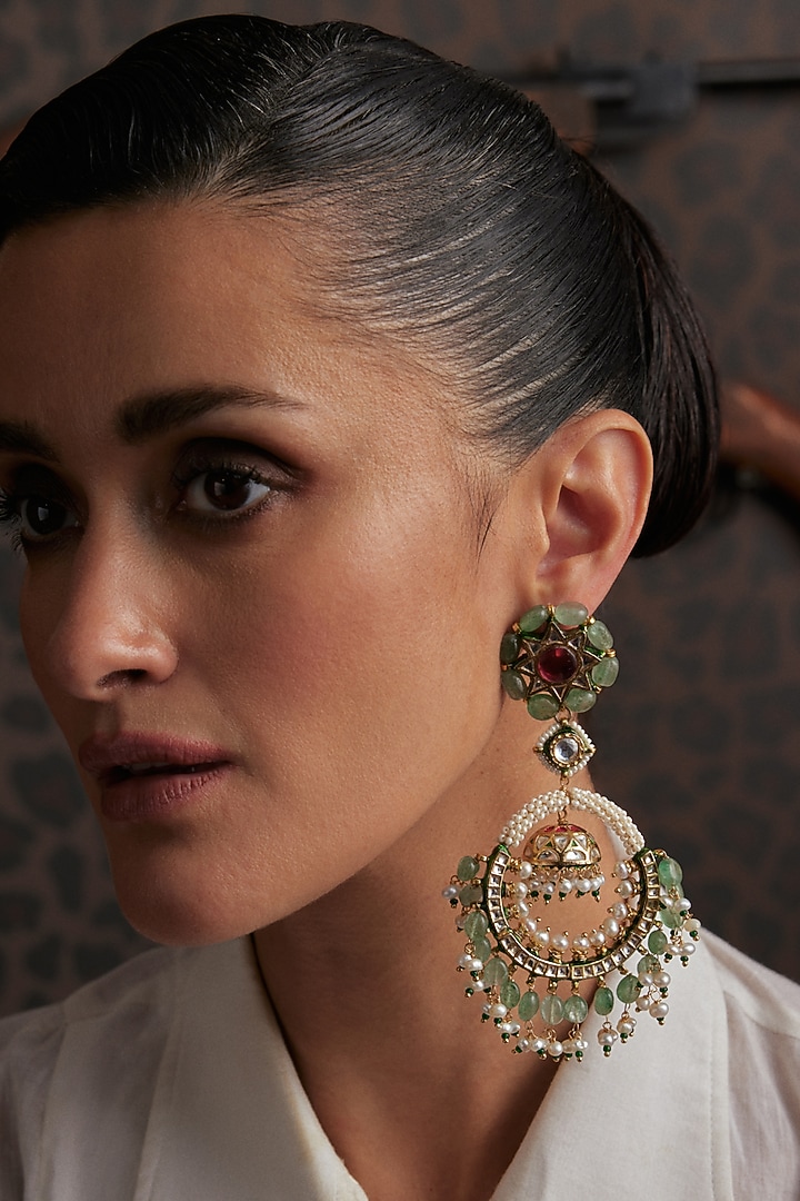 Gold Finish Kundan Polki & Green Onyx Jhumka Earrings by Preeti Mohan at Pernia's Pop Up Shop