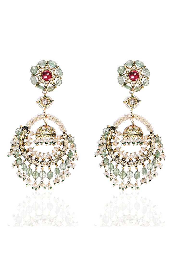 Gold Finish Kundan Polki & Green Onyx Jhumka Earrings by Preeti Mohan at Pernia's Pop Up Shop
