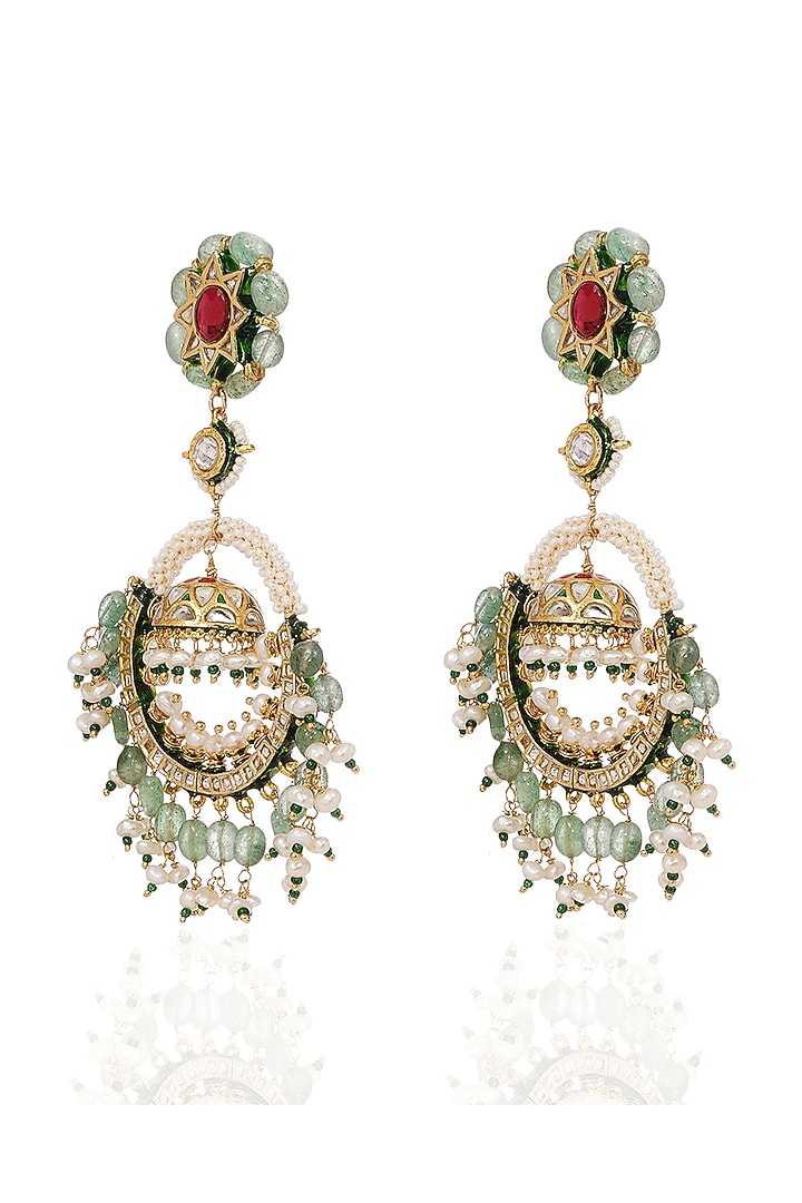 Gold Finish Kundan Polki & Green Onyx Jhumka Earrings by Preeti Mohan at Pernia's Pop Up Shop