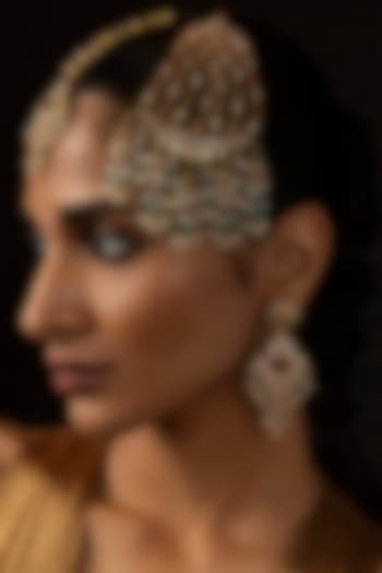 Gold Finish Kundan Polki & Pearl Chandbali Earrings by Preeti Mohan at Pernia's Pop Up Shop