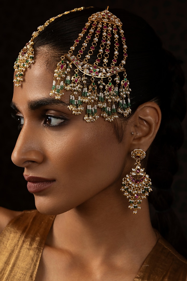 Gold Finish Kundan Polki & Pearl Chandbali Earrings by Preeti Mohan at Pernia's Pop Up Shop