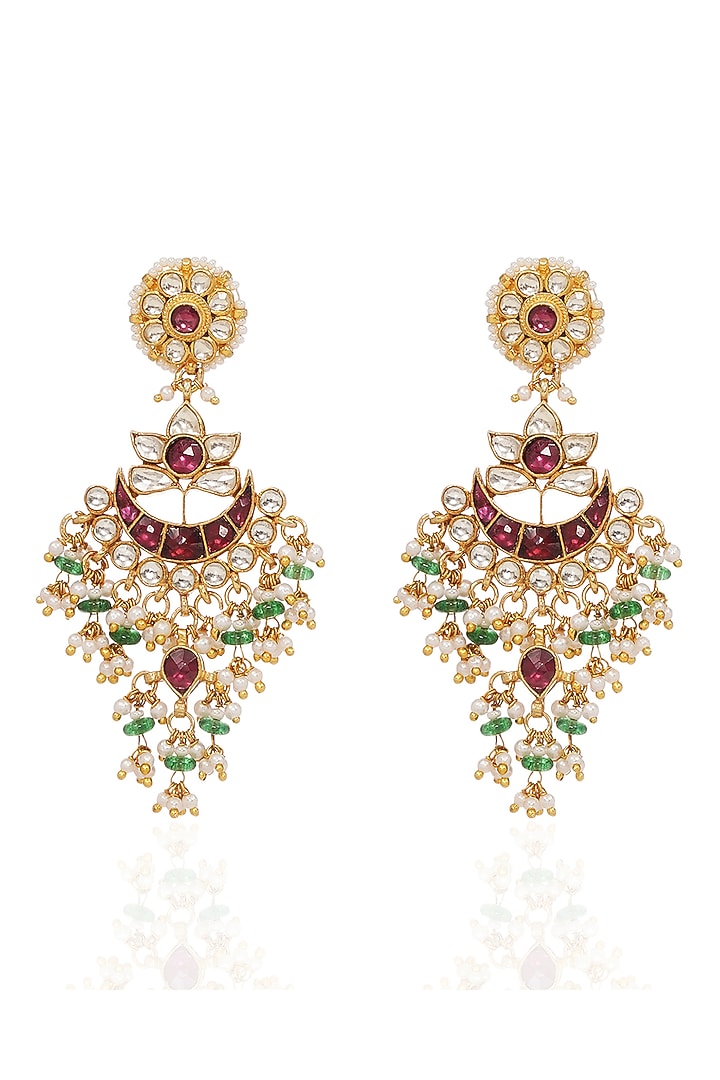 Gold Finish Kundan Polki & Pearl Chandbali Earrings by Preeti Mohan at Pernia's Pop Up Shop