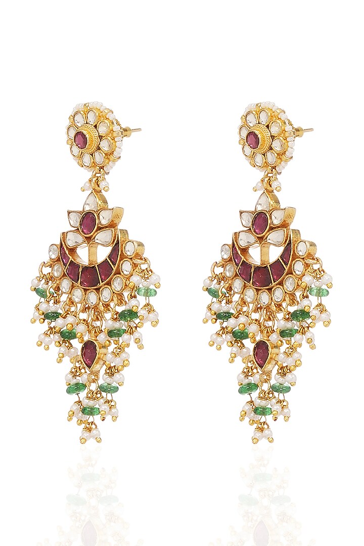 Gold Finish Kundan Polki & Pearl Chandbali Earrings by Preeti Mohan at Pernia's Pop Up Shop