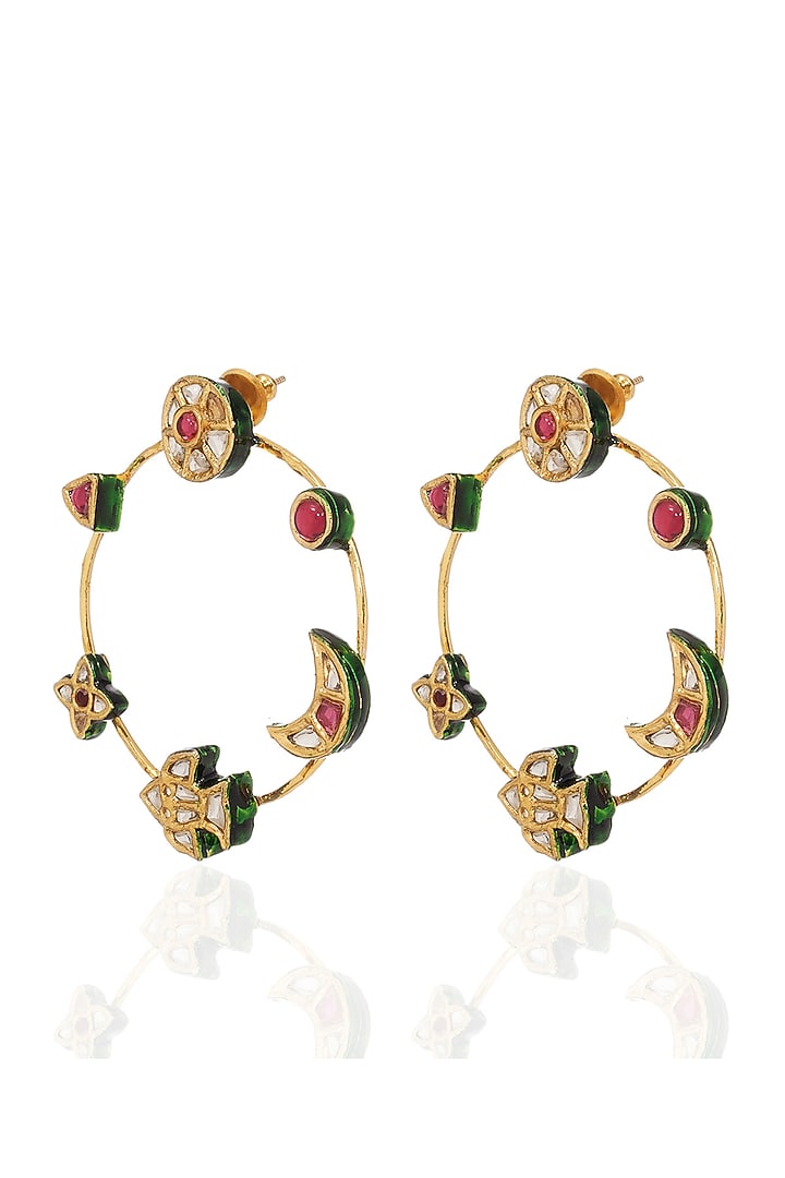Gold Finish Kundan Polki & Ruby Statement Earrings by Preeti Mohan at Pernia's Pop Up Shop