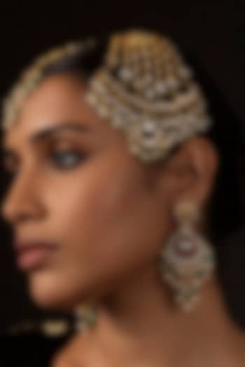 Gold Finish Kundan Polki Chandbali Earrings by Preeti Mohan at Pernia's Pop Up Shop