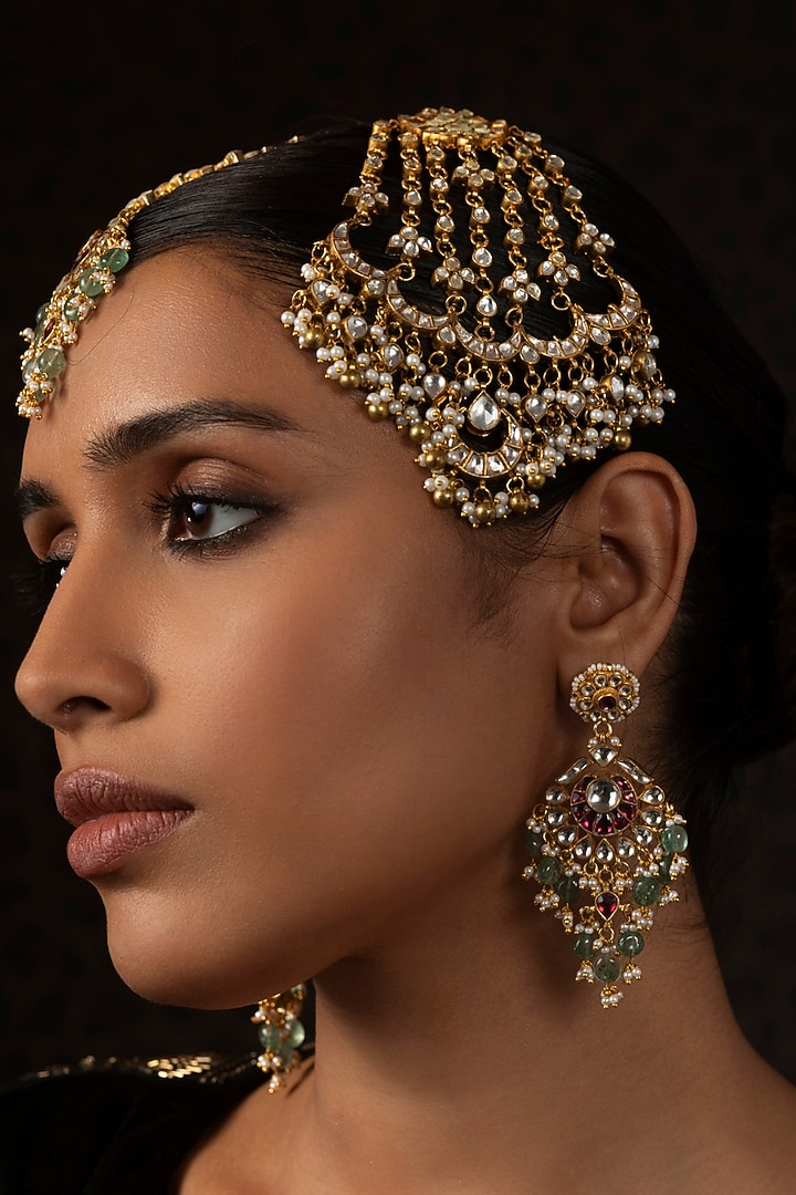 Gold Finish Kundan Polki Chandbali Earrings by Preeti Mohan at Pernia's Pop Up Shop