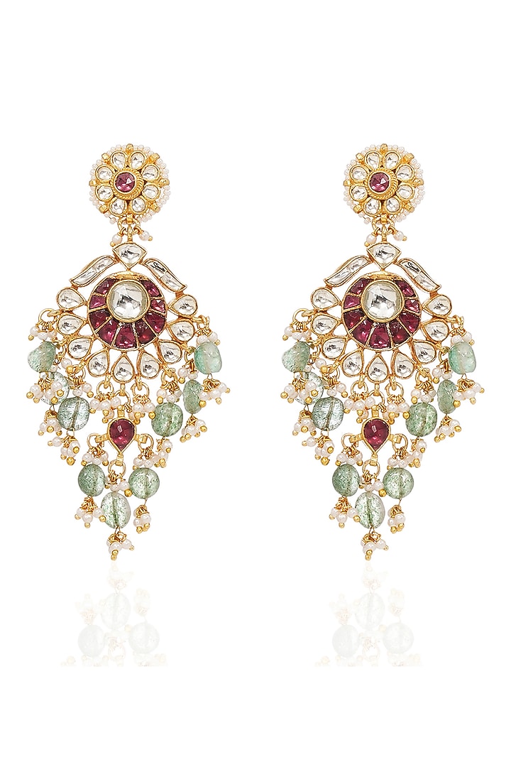 Gold Finish Kundan Polki Chandbali Earrings by Preeti Mohan at Pernia's Pop Up Shop