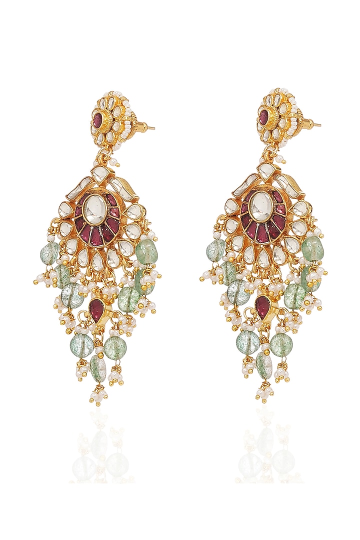 Gold Finish Kundan Polki Chandbali Earrings by Preeti Mohan at Pernia's Pop Up Shop