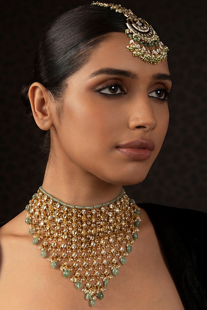 Gold Finish Kundan Polki & Green Onyx Choker Necklace by Preeti Mohan at Pernia's Pop Up Shop