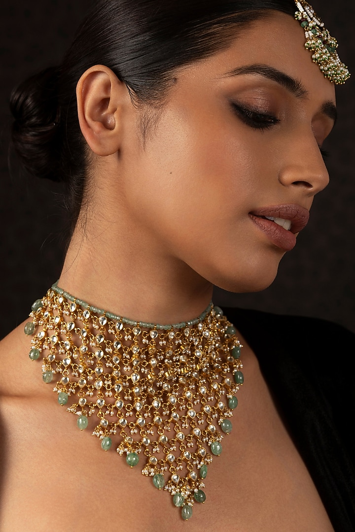 Gold Finish Kundan Polki & Green Onyx Choker Necklace by Preeti Mohan at Pernia's Pop Up Shop