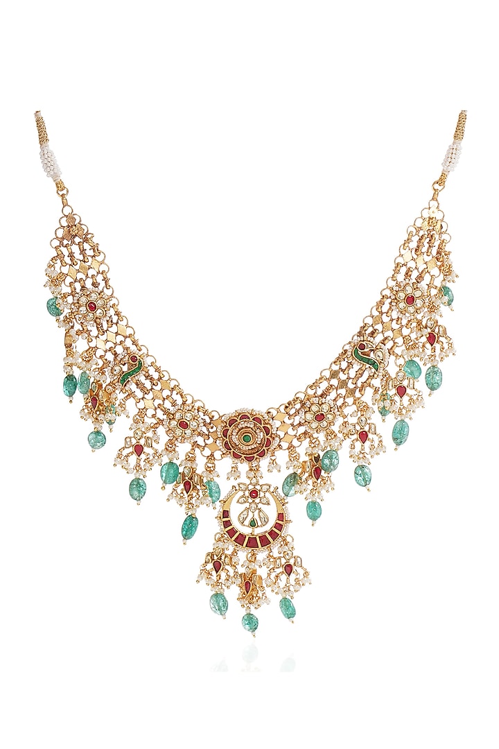 Gold Finish Kundan Polki & Green Onyx Necklace Set by Preeti Mohan at Pernia's Pop Up Shop