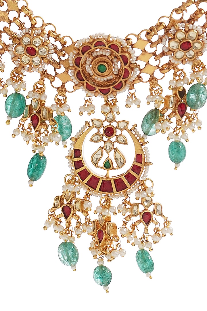 Gold Finish Kundan Polki & Green Onyx Necklace Set by Preeti Mohan at Pernia's Pop Up Shop