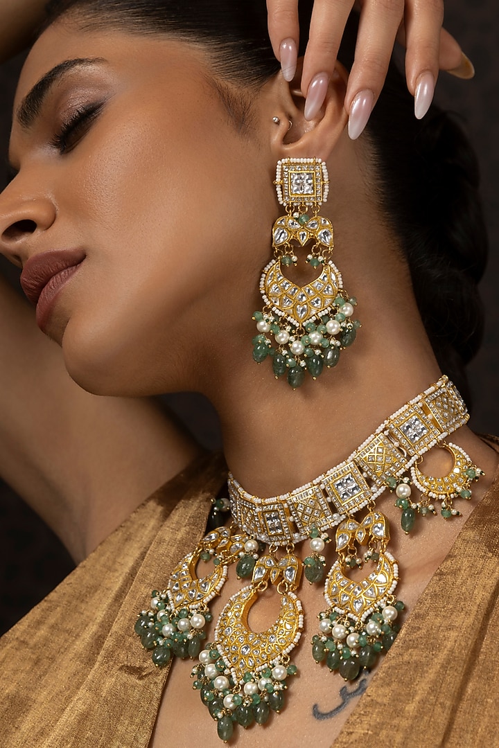 Gold Finish Kundan Polki & Green Onyx Necklace Set by Preeti Mohan at Pernia's Pop Up Shop